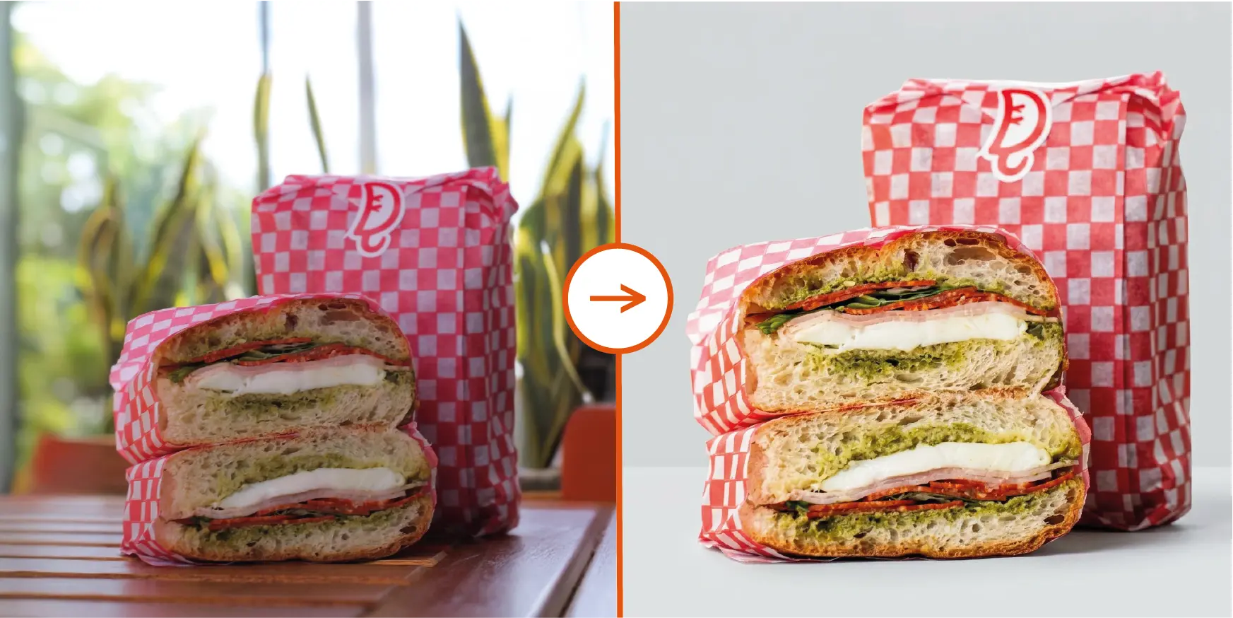Before and after AI food photo enhancement for a sandwich, with the original image on the left and the enhanced image on the right