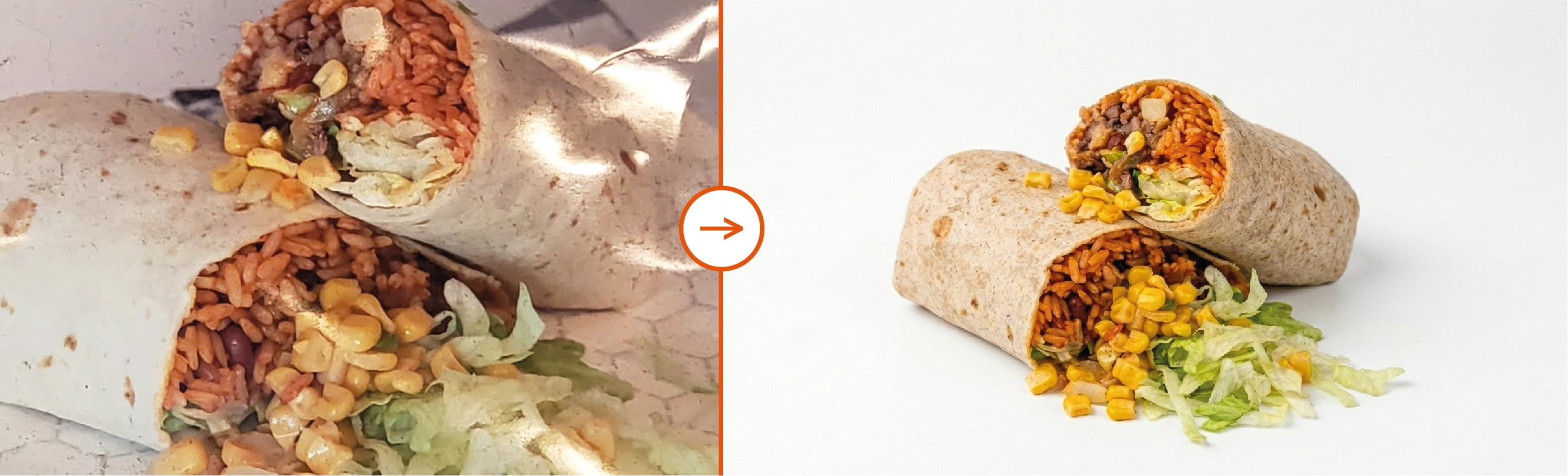 Before and after AI enhancement for a restaurant delivery menu photo, showing the original image on the left and the improved image on the right