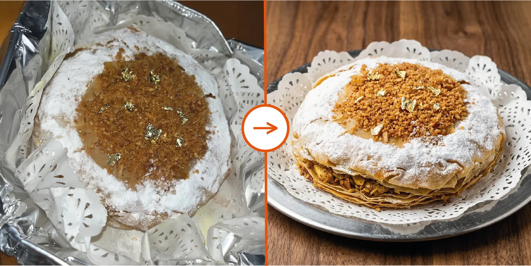 Before and after AI enhancement for a dessert photo, showing the original image on the left and the improved image on the right