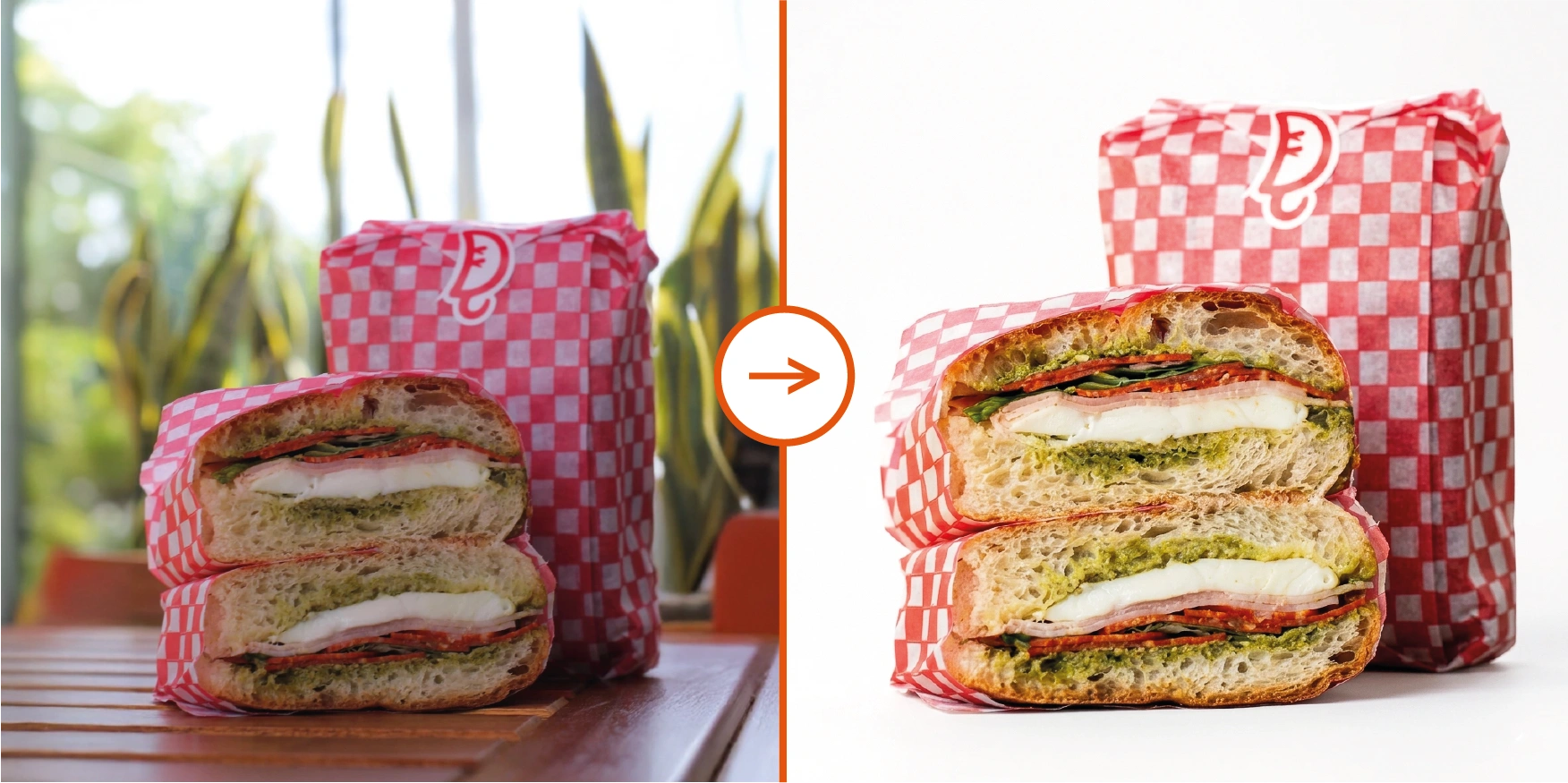 Before and after DoorDash menu photo enhancement, with the original image on the left and the enhanced image on the right