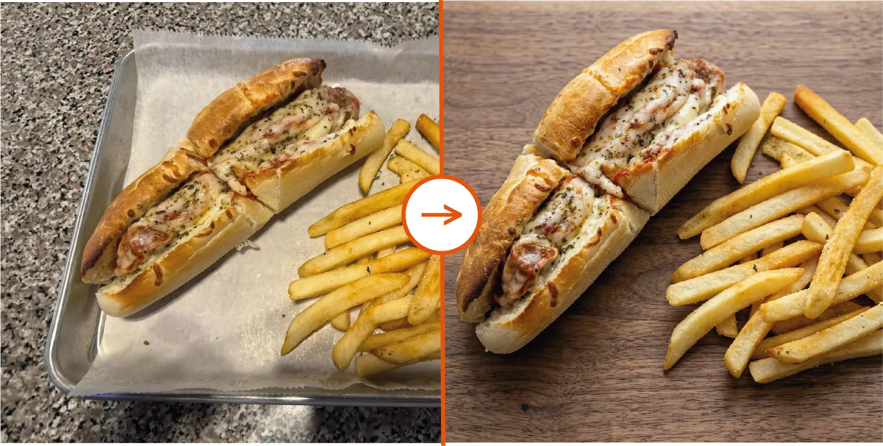 Before and after restaurant menu photo enhancement for a hot dog and fries, with the original image on the left and the enhanced image on the right