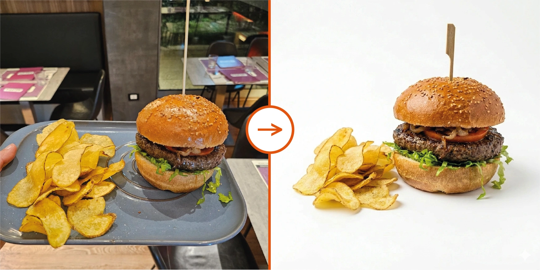 Prima e dopo del miglioramento AI di una foto food per un piatto del menu Deliveroo, con l'immagine originale a sinistra e quella migliorata a destra