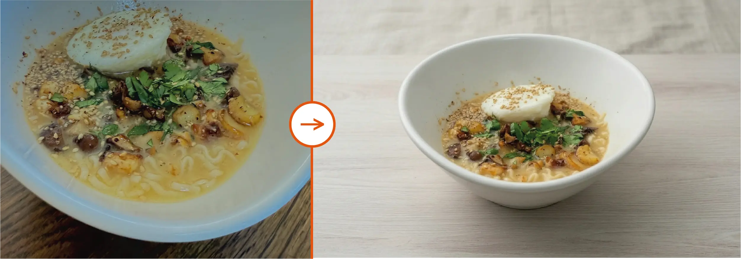 Antes e depois do aprimoramento IA para uma foto de menu delivery de restaurante, mostrando a imagem original à esquerda e a aprimorada à direita